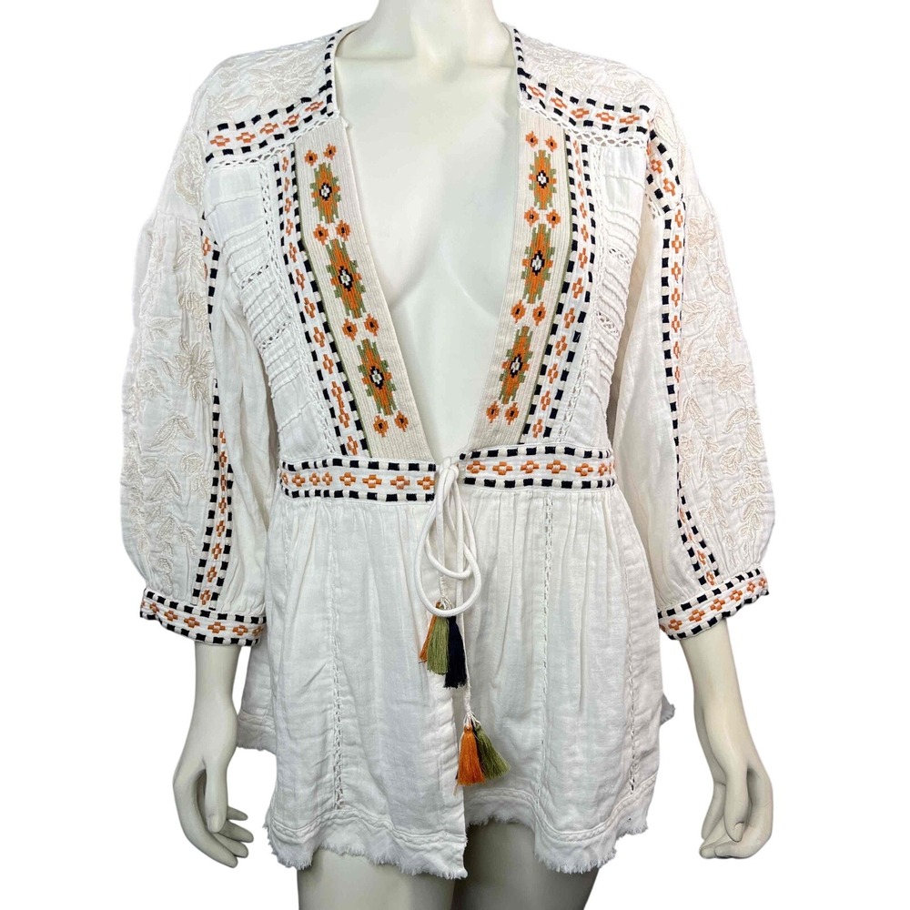 Sundance Marshmallow Embroidered Tassel Tie Open Front Bohemian Jacket‎ Womens L - Picture 12 of 12